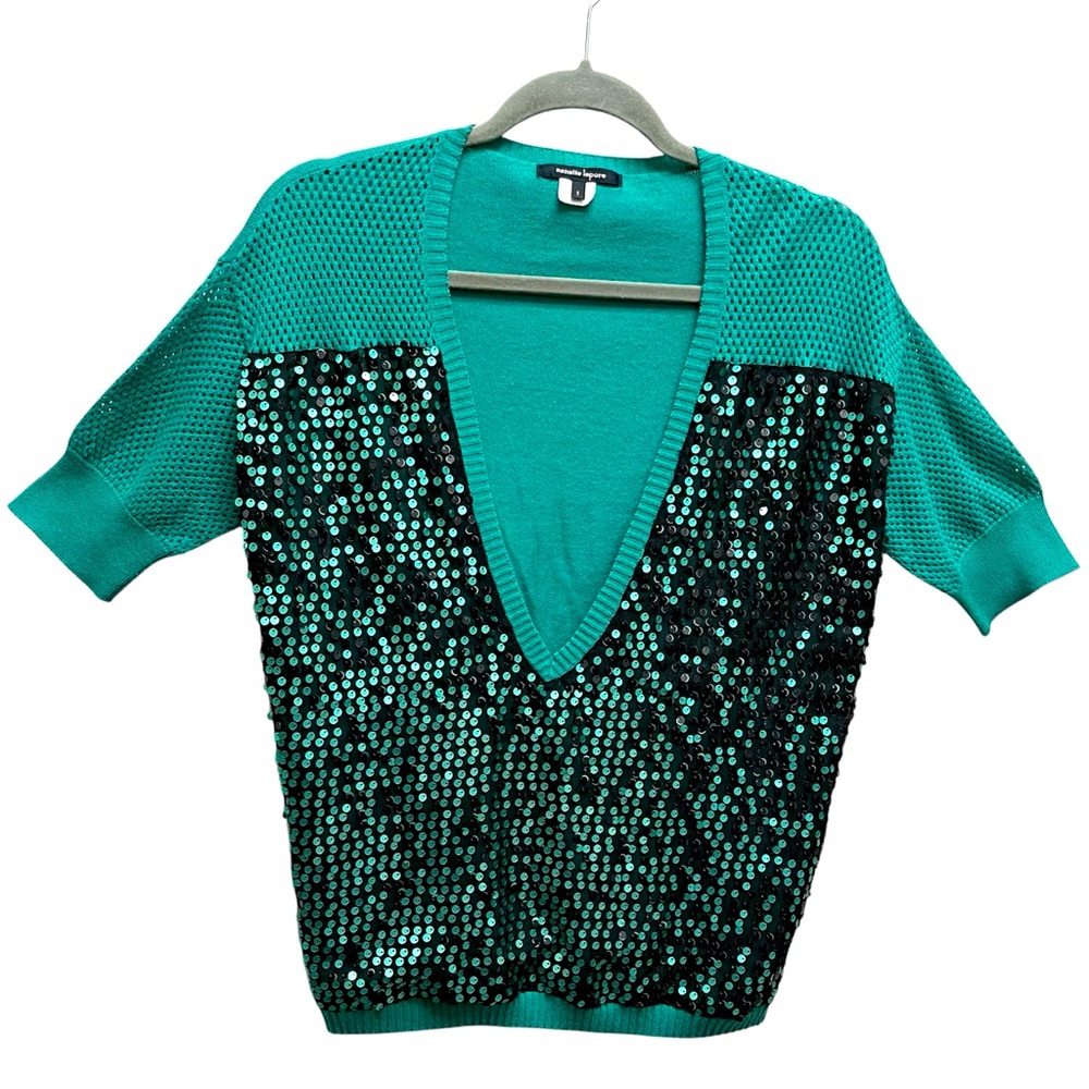 Nannette Lepore Women’s Emerald Green V Neck Sweater With Sequin Front  Sz S  St
